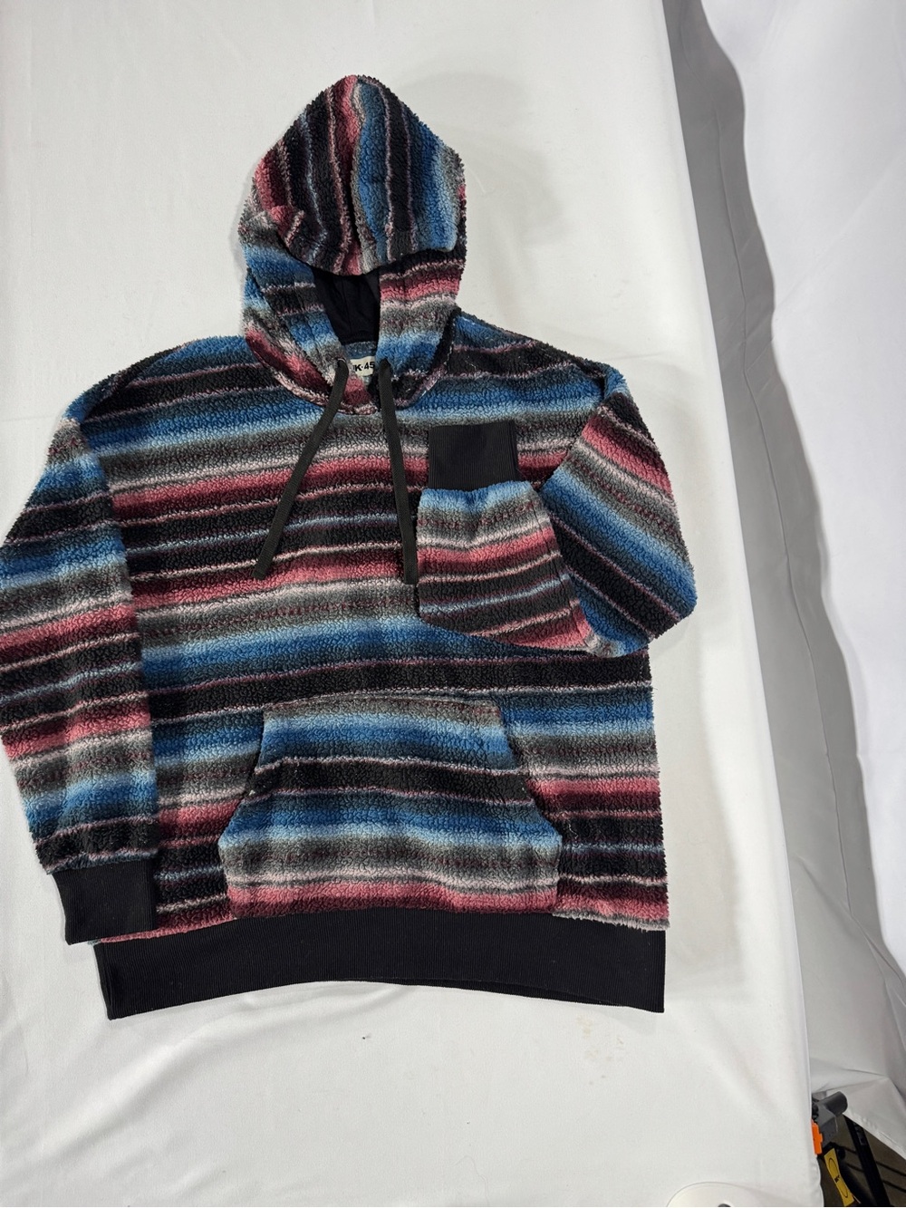 RANK 45 Sherpa Hoodie Large Striped Blue Pink Black Fleece Pullover